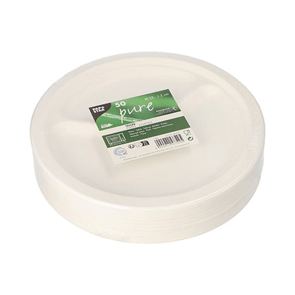 A stack of round, white disposable plates "pure" by PAPSTAR GmbH 50 plates sugarcane with three compartments, wrapped in foil with a green-white "50 Pure" label and environmental symbols.