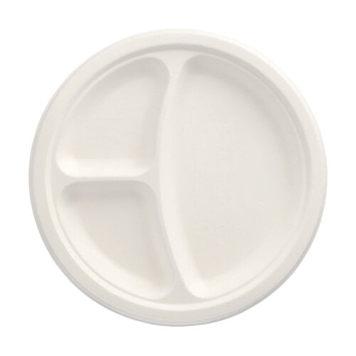 The round, white PAPSTAR 50 plates made of sugarcane "pure" by PAPSTAR GmbH has three differently sized compartments – sustainable and practical for every occasion, viewed from above against a neutral background.