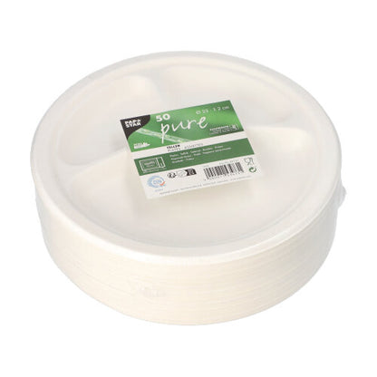 A stack of 50 round, white PAPSTAR "pure" sugarcane plates with three compartments, wrapped in film with a green-white label – practical and sustainable. Brand: PAPSTAR GmbH.