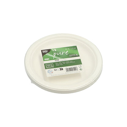 A stack of PAPSTAR 12 plates, sugarcane "pure" undivided from PAPSTAR GmbH with a green-white center label with the inscription "12 pure". The white, round plates are biodegradable; the packaging contains product information and barcodes.