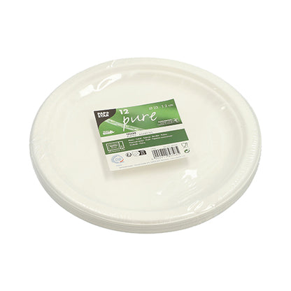 A stack of PAPSTAR 12 plates made of sugarcane "pure" undivided, compostable and environmentally friendly, from PAPSTAR GmbH, in plastic packaging with a green-white label.