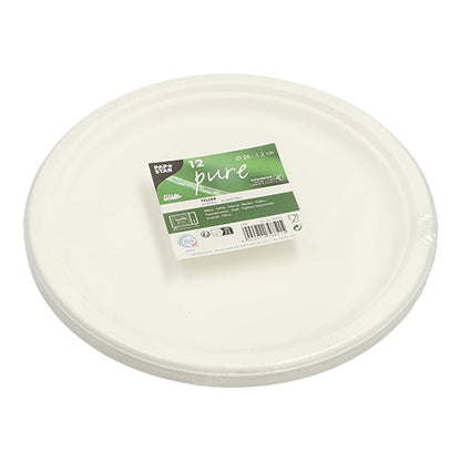 A stack of 12 round, white PAPSTAR "pure" sugarcane plates, undivided, compostable and environmentally friendly, from PAPSTAR GmbH, packed in plastic with a green-white label containing product details.