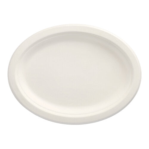 On a white background, PAPSTAR 12 plates "pure" oval made of sugarcane can be seen - environmentally friendly and sustainable by PAPSTAR GmbH, ideal for any occasion.