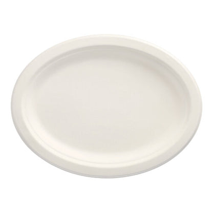 On a white background, PAPSTAR 12 plates "pure" oval made of sugarcane can be seen - environmentally friendly and sustainable by PAPSTAR GmbH, ideal for any occasion.
