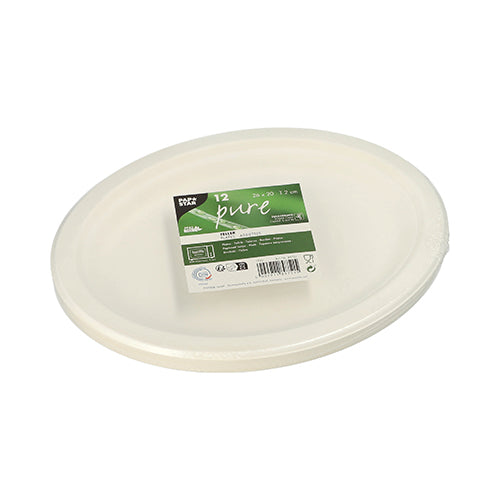An oval white disposable plate made of sugarcane by PAPSTAR GmbH with "pure" label and barcode lies on a white background; product name: PAPSTAR 12 plates, sugarcane "pure" oval.