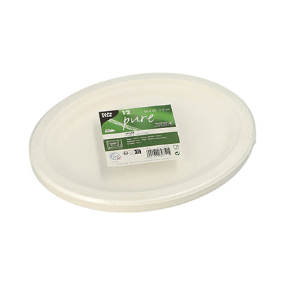 An oval white disposable plate made of sugarcane by PAPSTAR GmbH with "pure" label and barcode lies on a white background; product name: PAPSTAR 12 plates, sugarcane "pure" oval.