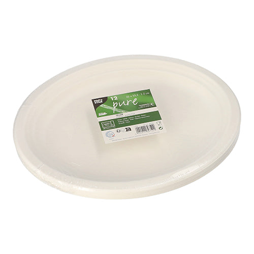 A stack of oval, white PAPSTAR 12 plates made of sugarcane "pure", packaged in plastic with a green-white label containing product information, including the brand PAPSTAR GmbH and a barcode - sustainable and environmentally friendly.