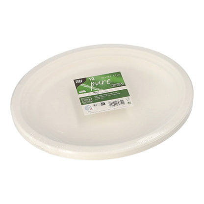 A stack of oval, white PAPSTAR 12 plates made of sugarcane "pure", packaged in plastic with a green-white label containing product information, including the brand PAPSTAR GmbH and a barcode - sustainable and environmentally friendly.
