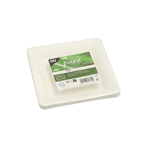 A stack of 12 square white PAPSTAR sugarcane plates ("pure") with a green label, recycling symbols, and notes on biodegradability; made from eco-friendly material.