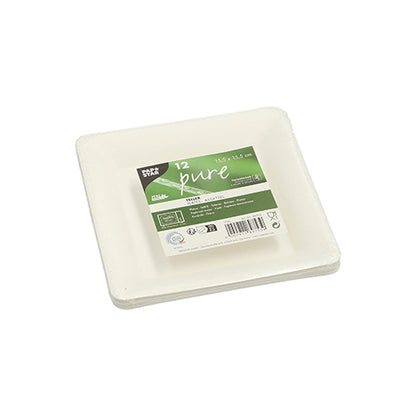 A stack of 12 square white PAPSTAR sugarcane plates ("pure") with a green label, recycling symbols, and notes on biodegradability; made from eco-friendly material.
