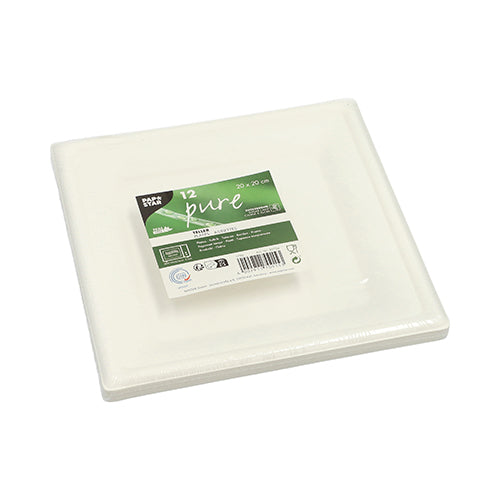 A stack of PAPSTAR 12 "pure" square sugarcane plates is plastic-wrapped, featuring a green and white label with product info and branding from PAPSTAR GmbH. The white plates are biodegradable and eco-friendly.