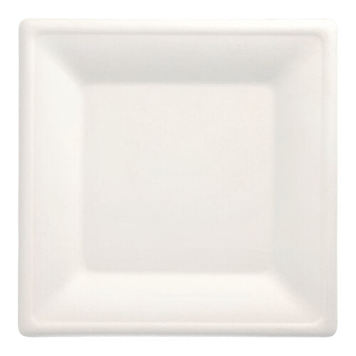 The PAPSTAR 12 sugarcane plates "pure" square, white by PAPSTAR GmbH is a white, square plate with a slightly raised edge. Made from sugarcane, its eco-friendly design is ideal for modern, environmentally conscious households.