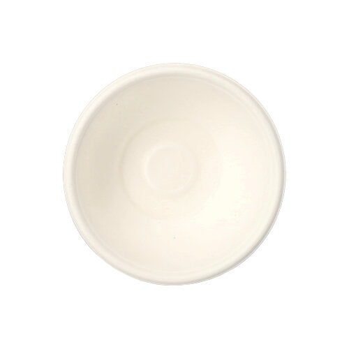 A simple, round, white bowl seen from above on a white background, reminiscent of the simple PAPSTAR 50 bowls "pure" white made from sustainably grown sugarcane by PAPSTAR GmbH.