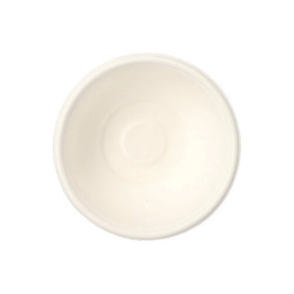 A simple, round, white bowl seen from above on a white background, reminiscent of the simple PAPSTAR 50 bowls "pure" white made from sustainably grown sugarcane by PAPSTAR GmbH.