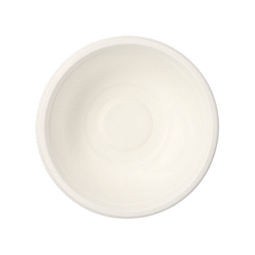 A simple, round white bowl seen from above against a white background, similar to PAPSTAR 50 bowls made from biodegradable sugarcane "pure" white by PAPSTAR GmbH.