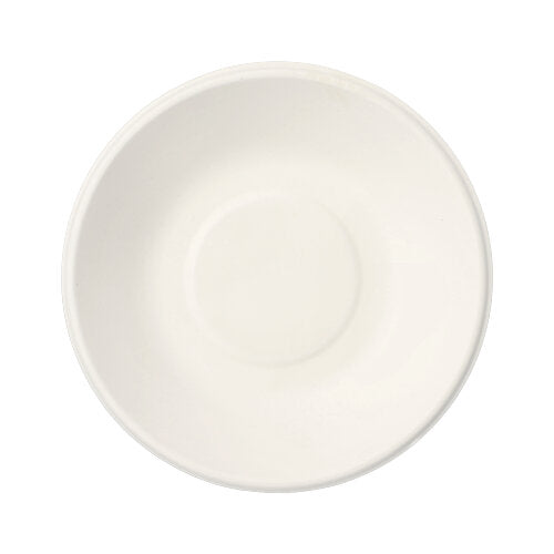 A simple white PAPSTAR 12 bowls, sugarcane "pure" by PAPSTAR GmbH, viewed from above with a simple round shape and central indentation – an elegant, eco-friendly alternative to disposable tableware.