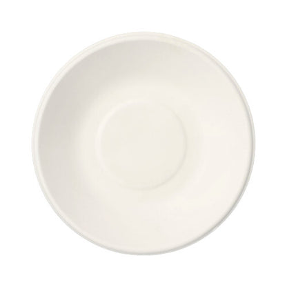 A simple white PAPSTAR 12 bowls, sugarcane "pure" by PAPSTAR GmbH, viewed from above with a simple round shape and central indentation – an elegant, eco-friendly alternative to disposable tableware.