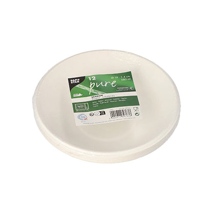 A stack of twelve PAPSTAR 12 bowls, sugarcane "pure" by PAPSTAR GmbH, white, round, eco-friendly disposable plates, wrapped in plastic with a green-white label with product details and symbols for recycling and compostability (biodegradable).