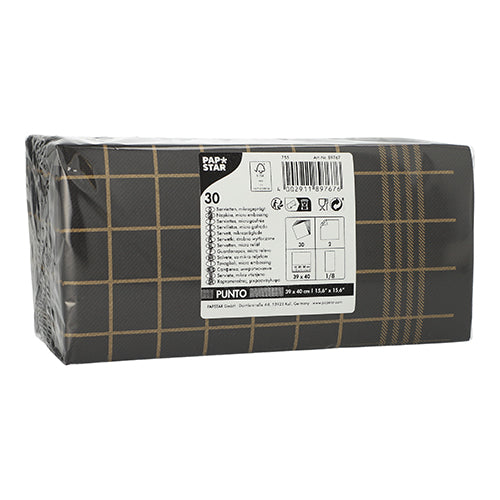 The rectangular PAPSTAR package contains 30 double-layer kitchen napkins "PUNTO" (39 x 40 cm, 1/8-fold, micro-embossed) in a black-gold checkered design and includes a label with usage and disposal instructions.