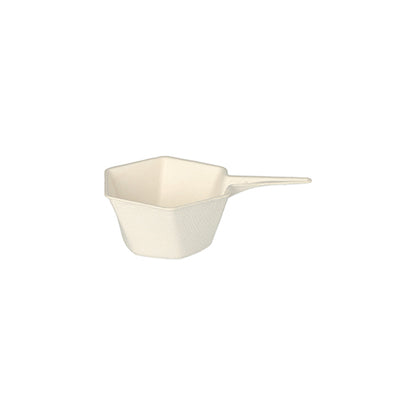 A white, hexagonal finger food bowl made of eco-friendly sugarcane from PAPSTAR GmbH, presented against a simple white background. Product: PAPSTAR 50 Finger Food - Bowls Sugarcane "pure" white "Hexagon".