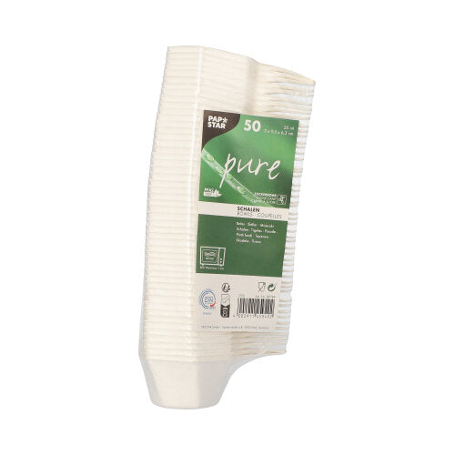 A pack of 50 white hexagonal "pure" sugarcane finger food bowls from PAPSTAR GmbH - eco-friendly disposable plates, perfect for sustainable gatherings.