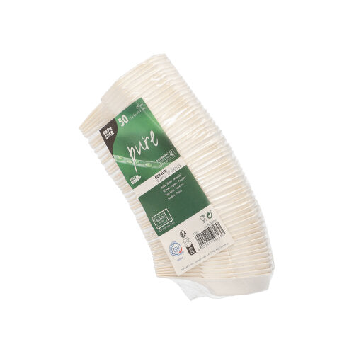 A stack of 50 PAPSTAR Finger Food Hexagon white plates made of sugarcane, compostable and eco-friendly, in a plastic packaging with a green label with product information and eco-symbols. Brand: PAPSTAR GmbH.