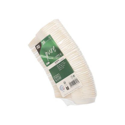 A stack of 50 PAPSTAR Finger Food Hexagon white plates made of sugarcane, compostable and eco-friendly, in a plastic packaging with a green label with product information and eco-symbols. Brand: PAPSTAR GmbH.