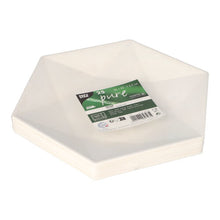 A stack of white, hexagonal PAPSTAR sugarcane plate "pure" hexagonal plates (25 pieces, eco-friendly) from PAPSTAR GmbH, with a green-white label with product info and barcode on the top.