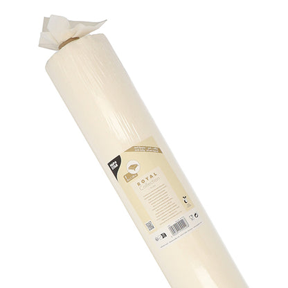 A 20 m x 1.18 m cream-colored PAPSTAR tablecloth, fabric-like PV-Tissue Mix from the ROYAL Collection from PAPSTAR GmbH, is wrapped in plastic and provided with a paper label at one end.