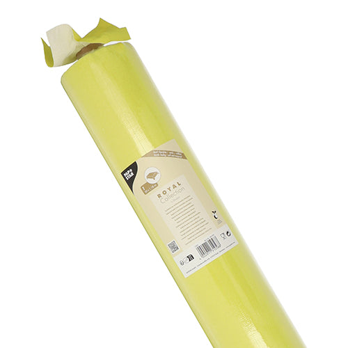 A roll of PAPSTAR tablecloth, fabric-like, PV-Tissue Mix "ROYAL Collection" (20 m x 1.18 m) from PAPSTAR GmbH with a beige label with product details and barcodes; partially unrolled for presentation.