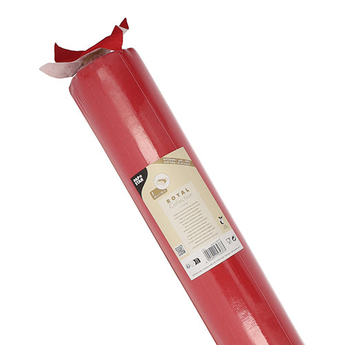A roll of tablecloth "ROYAL Collection" from PAPSTAR GmbH, 20 m x 1.18 m, in red color with a beige label and partially rolled-up top edge, made of high-quality PV-Tissue Mix for a fabric-like feel.