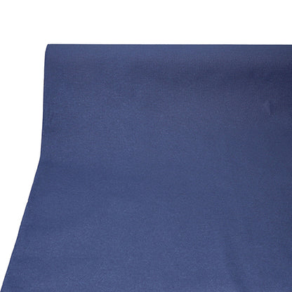 A close-up of the PAPSTAR tablecloth, fabric-like, PV-Tissue Mix "ROYAL Collection" (20 m x 1.18 m) from PAPSTAR GmbH, rolled out in dark blue against a white background.