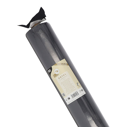 A roll of PAPSTAR tablecloth, fabric-like, PV-Tissue Mix "ROYAL Collection" (20 m x 1.18 m) from PAPSTAR GmbH is packaged in a clear plastic wrap with a beige-white label, with the black material visible at the slightly open top.