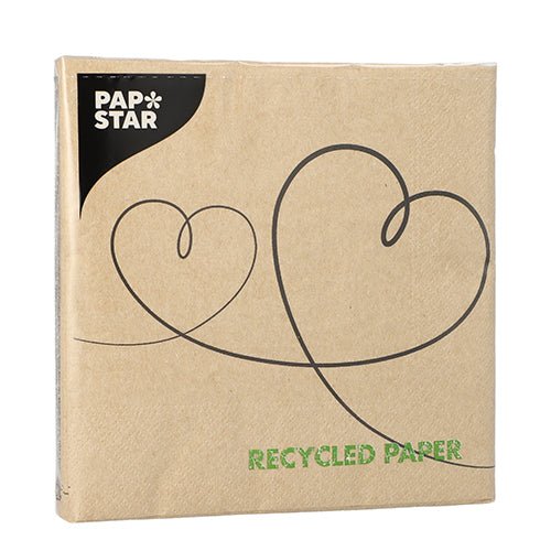 On a brown package with the inscription "PAPSTAR" in the corner with two heart outlines and "RECYCLED PAPER" is PAPSTAR 20 napkins, 33x33 cm, 3-ply, natural, from PAPSTAR GmbH.