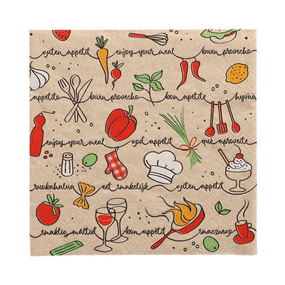 The PAPSTAR 20 napkins (33x33 cm, 3-ply, 1/4 folded, natural) from PAPSTAR GmbH are adorned with colorful food and kitchen illustrations and cheerful sayings like "Guten Appetit" and "Guten Appetit".
