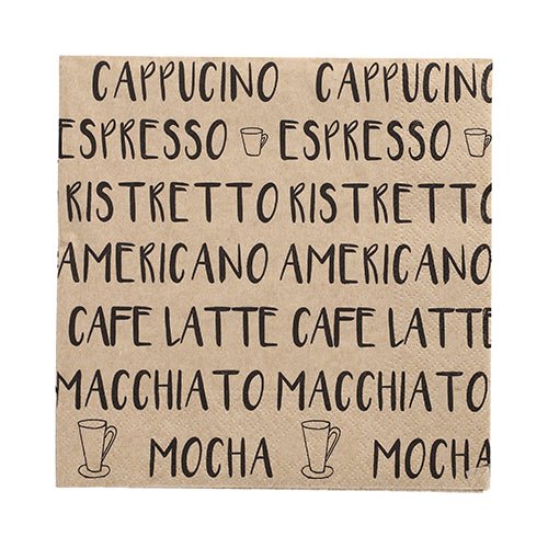 The 20 napkins of PAPSTAR GmbH (33x33 cm, 3-ply, 1/4-folded, natural) are adorned with black coffee lettering and cup motifs - stylish napkins for cafes and coffee lovers.
