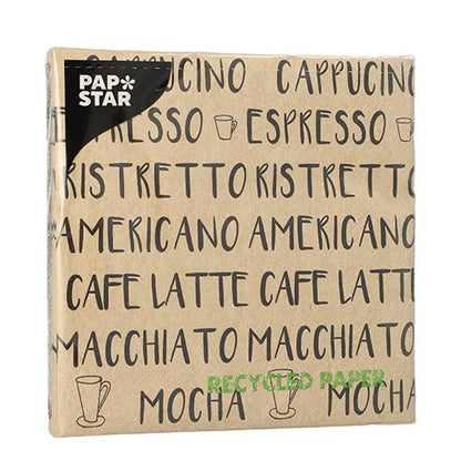 A natural-colored package PAPSTAR GmbH 20 napkins (33cm x 33cm, 3-ply, 1/4-folded) is adorned with names of coffee drinks, "RECYCLED PAPER" in green, small coffee cup illustrations, and made from natural paper.