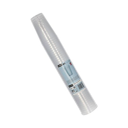 A stack of Starpak 40 unbreakable reusable glasses for apple wine (0.25 l, Ø 7 cm, 10.5 cm), packaged in shrink wrap with a white-blue label with product information.