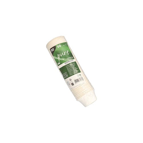 A stack of white PAPSTAR dressing bowls made of sugarcane (50 pieces), 6 cm, environmentally friendly, wrapped in shrink film - the eco-friendly disposable tableware from PAPSTAR GmbH.