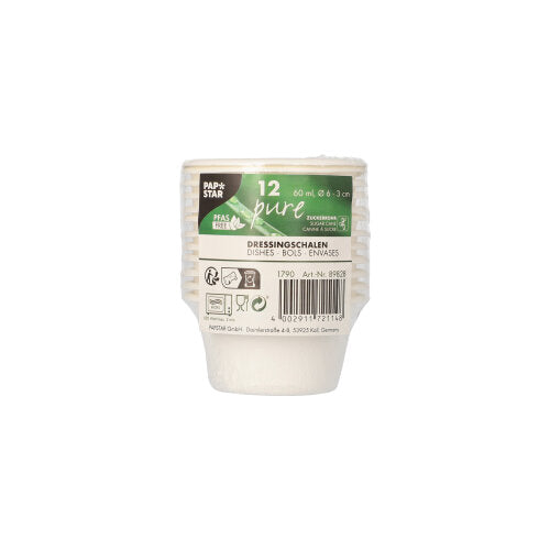 The PAPSTAR dressing bowls sugarcane "pure" Ø 6 cm, white, set of 12 is a small, white, ribbed disposable cup for dressings (60 ml), environmentally friendly & biodegradable, by PAPSTAR GmbH. Includes barcodes and recycling symbols on the shrink-wrapped packaging (12 pieces).