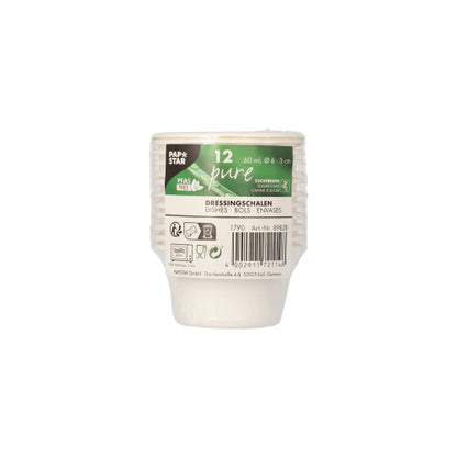 The PAPSTAR dressing bowls sugarcane "pure" Ø 6 cm, white, set of 12 is a small, white, ribbed disposable cup for dressings (60 ml), environmentally friendly & biodegradable, by PAPSTAR GmbH. Includes barcodes and recycling symbols on the shrink-wrapped packaging (12 pieces).
