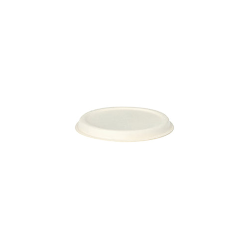 The PAPSTAR 50 lids for sugarcane dressing bowls "pure" white from PAPSTAR GmbH is a simple, round, white disposable lid made of eco-friendly, biodegradable sugarcane, depicted against a white background.