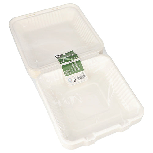 A stack of PAPSTAR 25 menu boxes made from white, sustainable sugarcane, hygienically wrapped in foil and with a green label – ideal for take-away catering; a quality product from PAPSTAR GmbH.