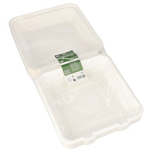 Ein Stapel PAPSTAR 25 Menüboxen aus weißem, nachhaltigem Zuckerrohr, hygienisch in Folie verpackt und mit grünem Etikett – ideal für Take-Away Catering; ein Qualitätsprodukt von PAPSTAR GmbH.