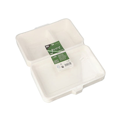 A white, rectangular PAPSTAR GmbH menu box made of sugarcane "pure" is open and shows a green "pure" label with product information. Product: PAPSTAR 25 menu boxes, sugarcane "pure" white.