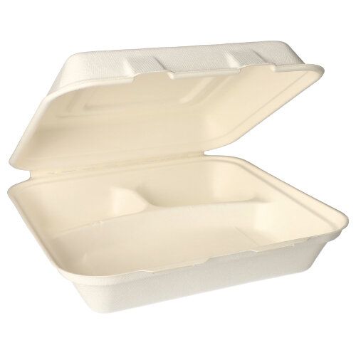 The PAPSTAR 25 menu boxes made from white sugarcane from PAPSTAR GmbH are rectangular, compostable takeout containers with an open lid and empty, divided interior – perfect for environmentally friendly take-away and catering.