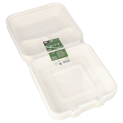 An open, white, square PAPSTAR 25 menu boxes sugarcane “pure” white food container for take-away from PAPSTAR GmbH with a green label inside showing product information.