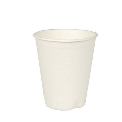 The PAPSTAR sugarcane drinking cup "pure", white, 8 cm by PAPSTAR GmbH is shown against a white background. The sustainable cup is ideal for hot drinks and comes in a 12-pack wrapped in shrink film.