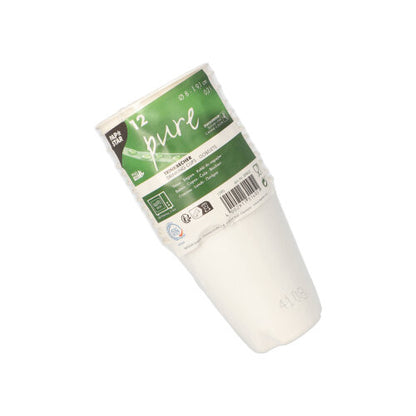 A 12-pack of PAPSTAR sugarcane drinking cups "pure", 8 cm, white for hot drinks by PAPSTAR GmbH, with shrink film and a green-white label with barcode, photographed against a white background.