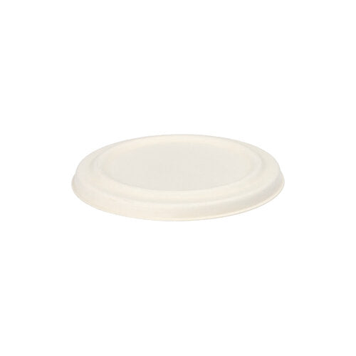 A round, white lid made of sugarcane by PAPSTAR GmbH, suitable for soup cups. Product name: PAPSTAR 50 lid for soup cups, sugarcane "pure" white.